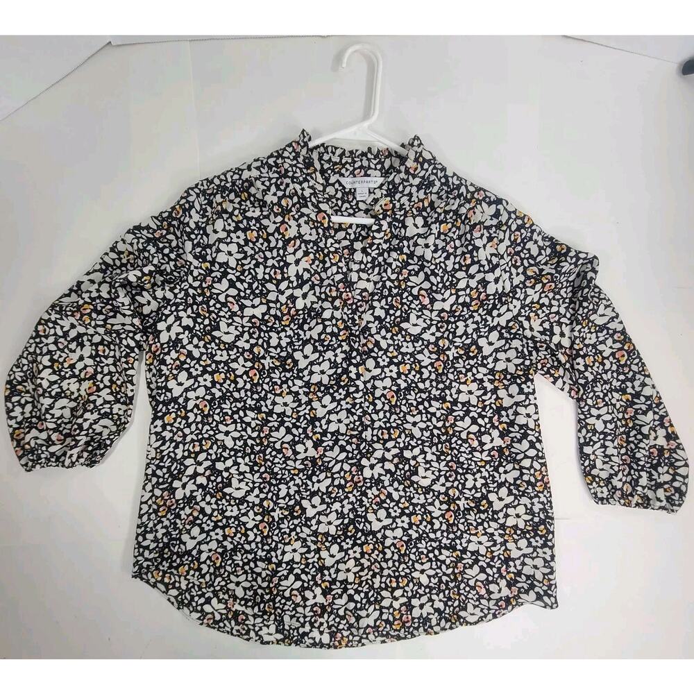 Counterparts Top Women's Large Black Floral Popover Ruffle Trim V Neck Balloon